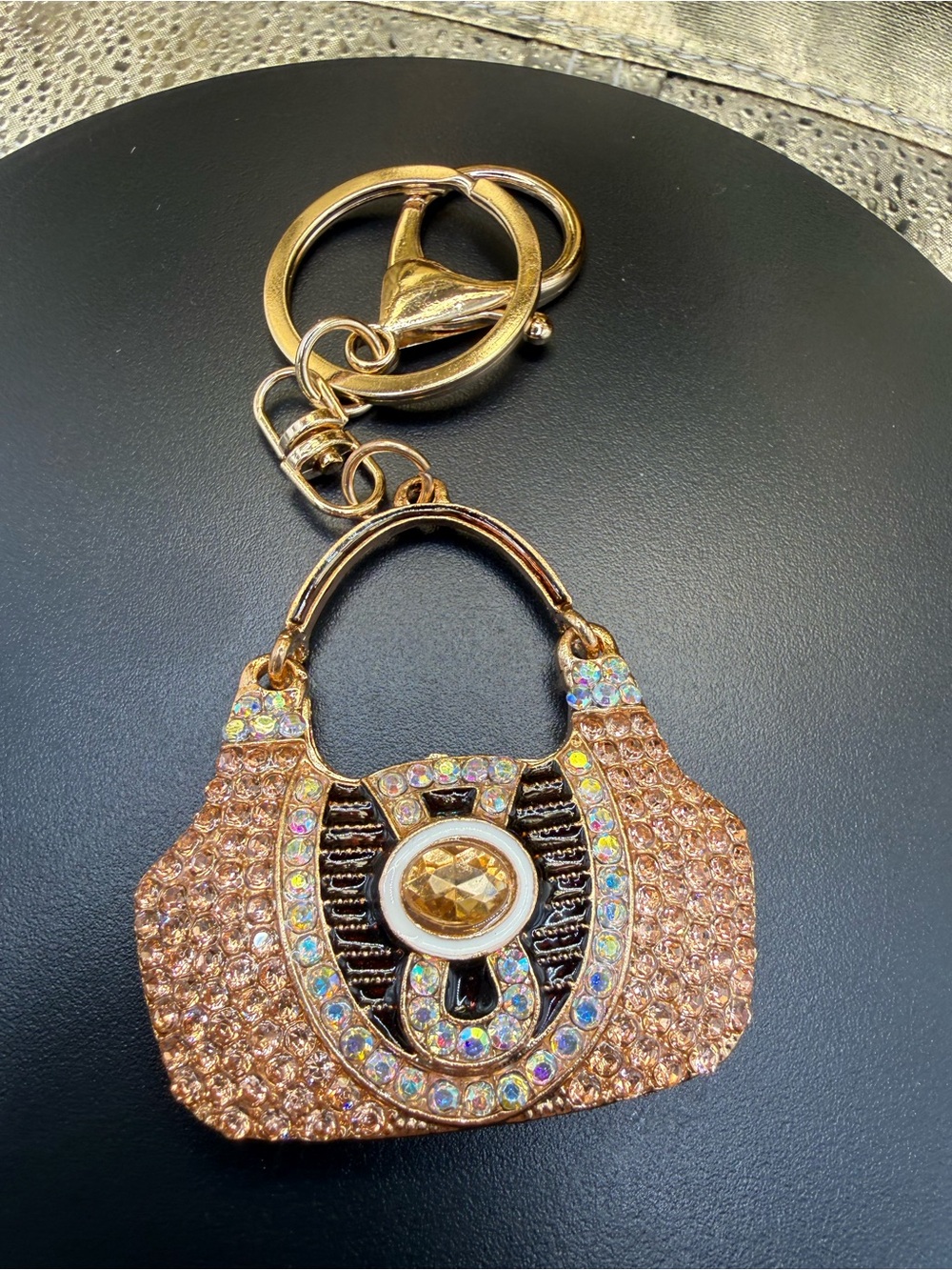 Sparkling Rose Gold Handbag Keychain with Crystal Accents